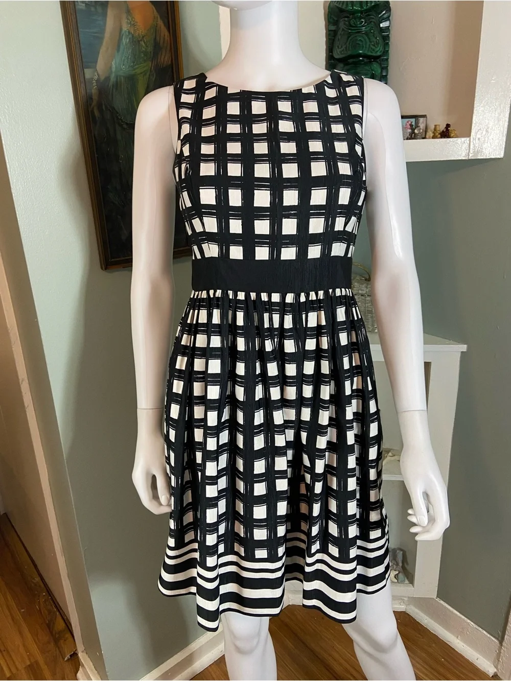 Eliza J Faille/Taffeta Black White Grid Windowpane Plaid Fit Flare Mini Dress 4P